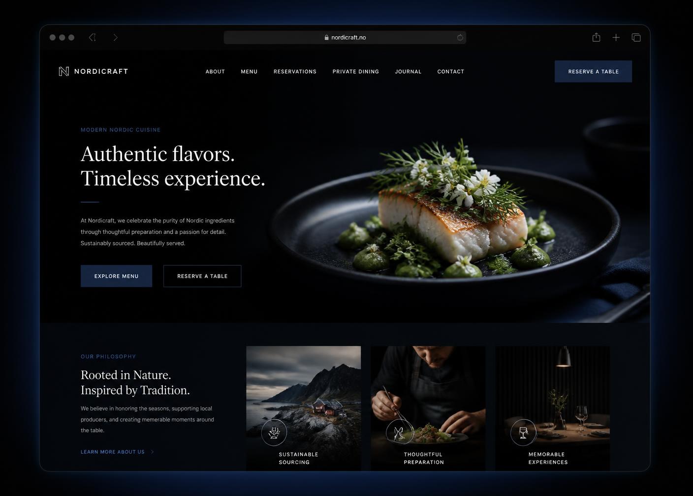 Forhåndsvisning av en moderne restaurantnettside laget av Skandsen